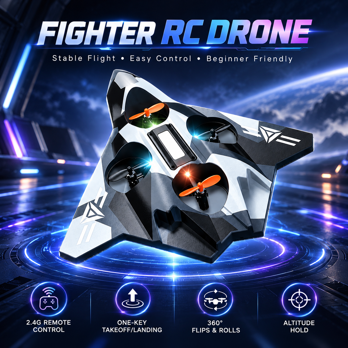 Fighter Jet RC Drone – 2.4G Remote Control Aircraft with Altitude Hold & 360° Flips