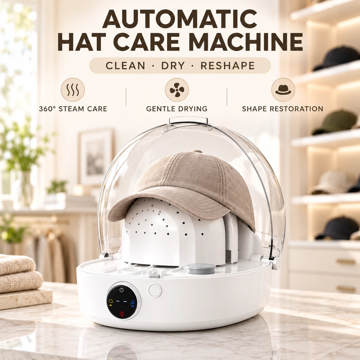 Automatic Hat Care Machine – 360° Steam Refresh, Gentle Drying & Shape Restoration