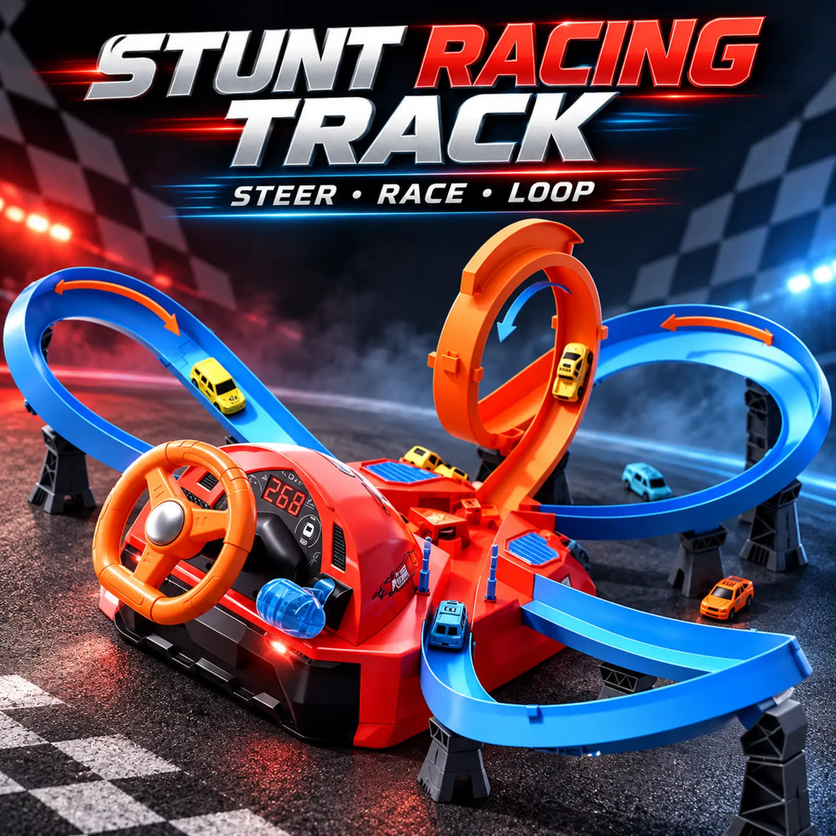 Steering Wheel Stunt Racing Track Set – 360° Loop Dual Car Race Toy