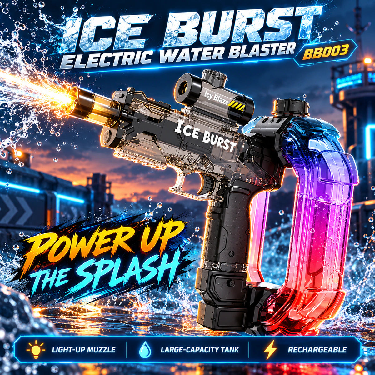 Ice Burst Electric Water Blaster with Light-Up Muzzle & Large-Capacity Tank