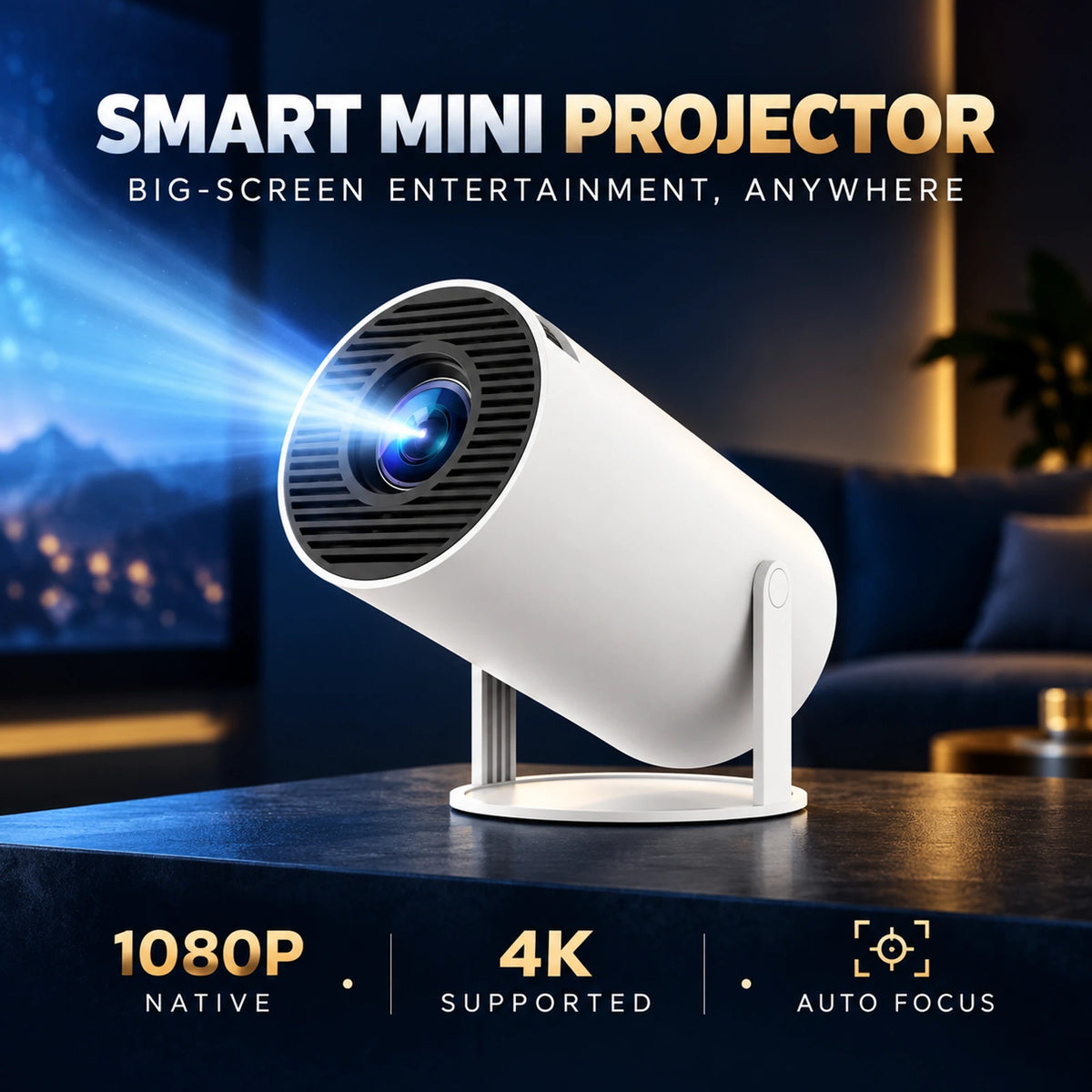 Smart Mini Projector with 1080P Native Resolution, Auto Focus & 180° Adjustable Stand