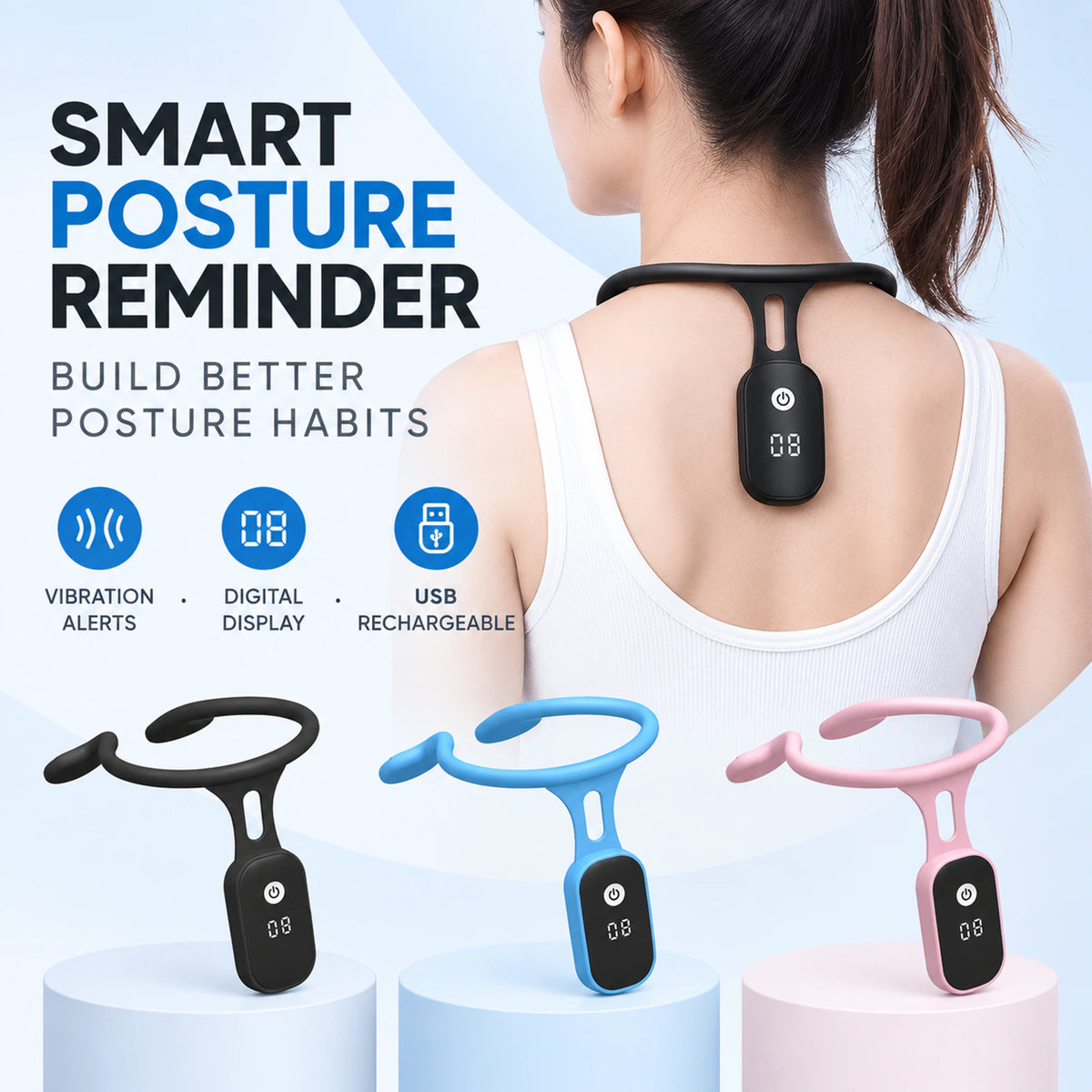 Smart Posture Reminder with LCD Display – Wearable Vibration Alert Neck Trainer