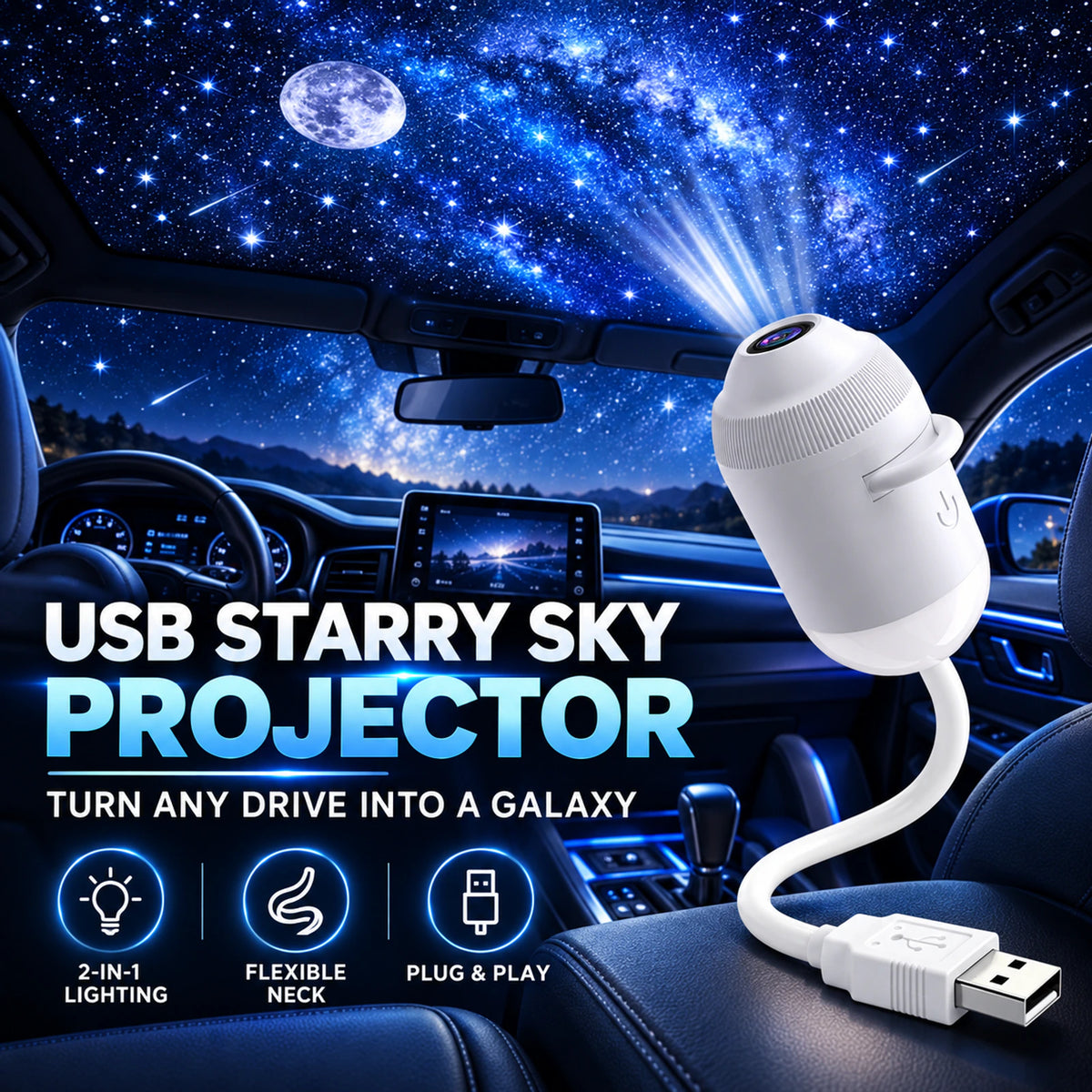 USB Starry Sky Projector Night Light – Flexible Car & Bedroom Galaxy Lamp