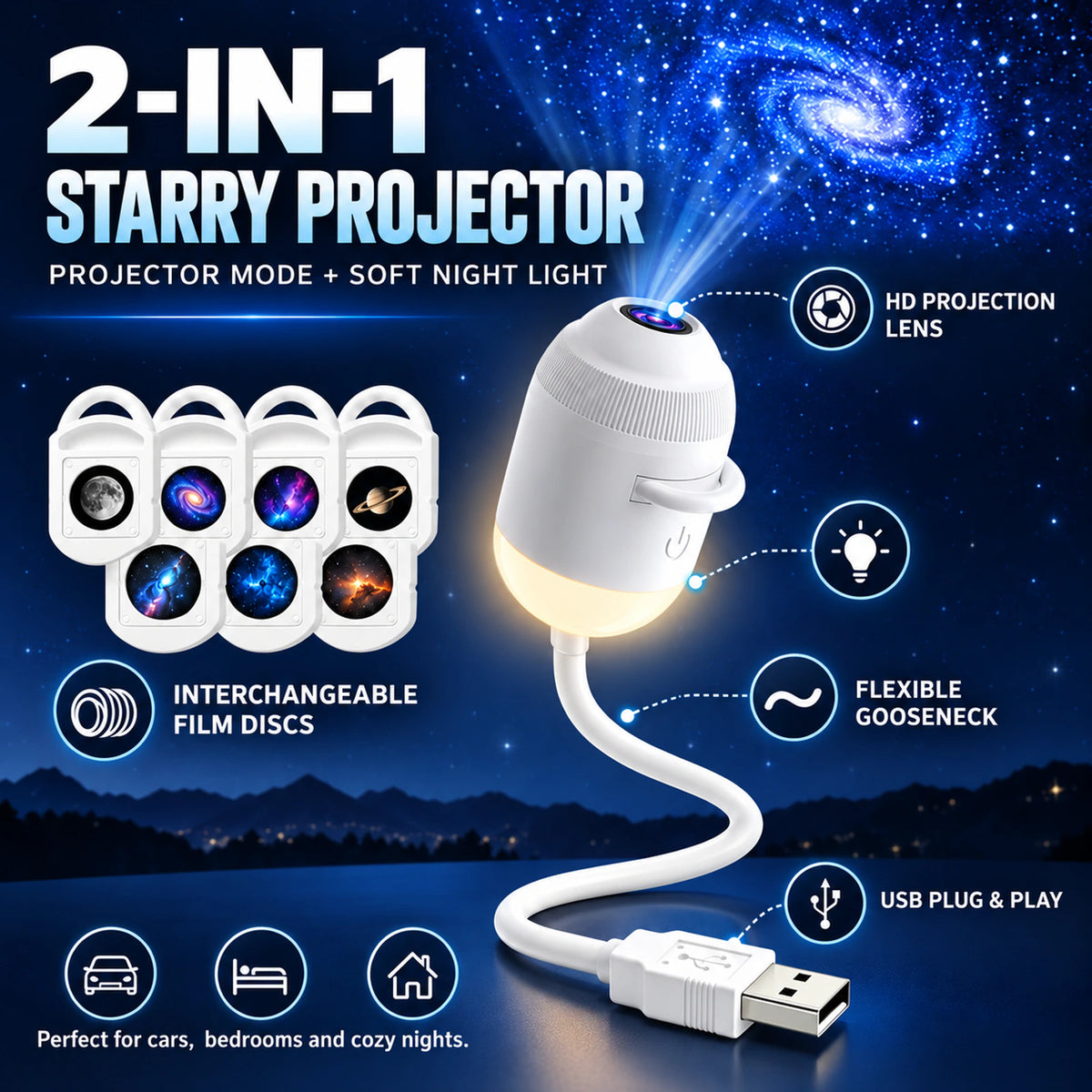 USB Starry Sky Projector Night Light – Flexible Car & Bedroom Galaxy Lamp