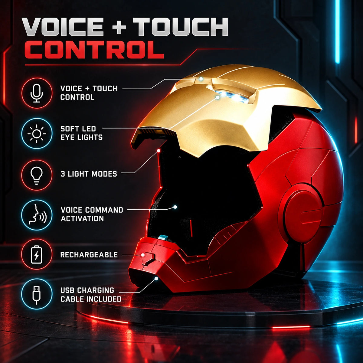 Smart Voice & Touch Controlled Light-Up Iron Man Helmet