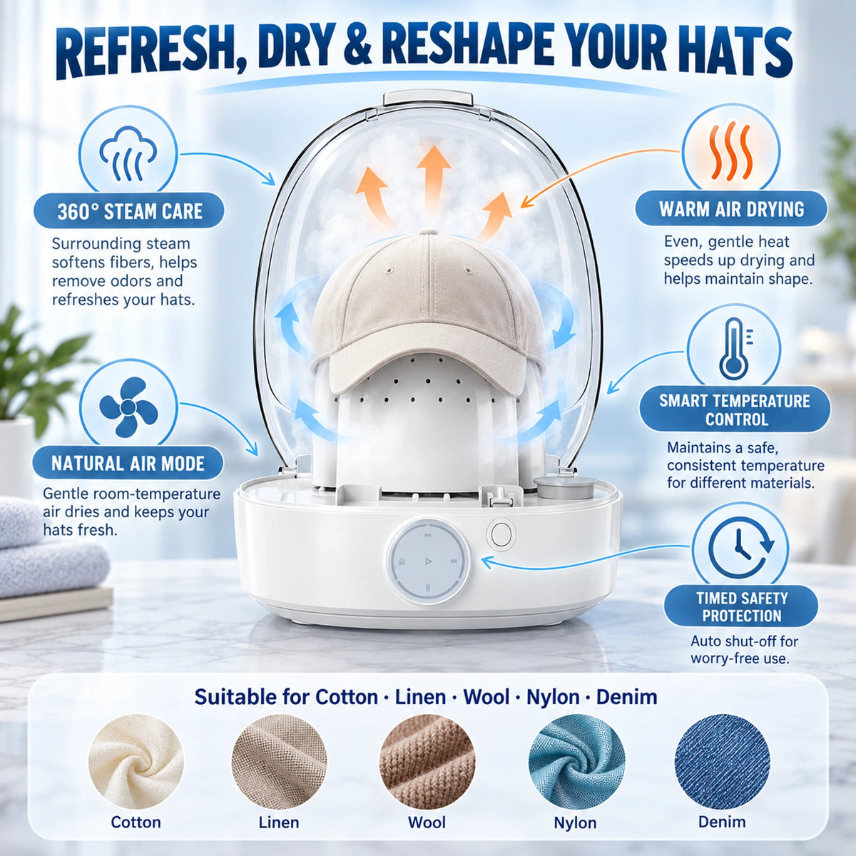 Automatic Hat Care Machine – 360° Steam Refresh, Gentle Drying & Shape Restoration