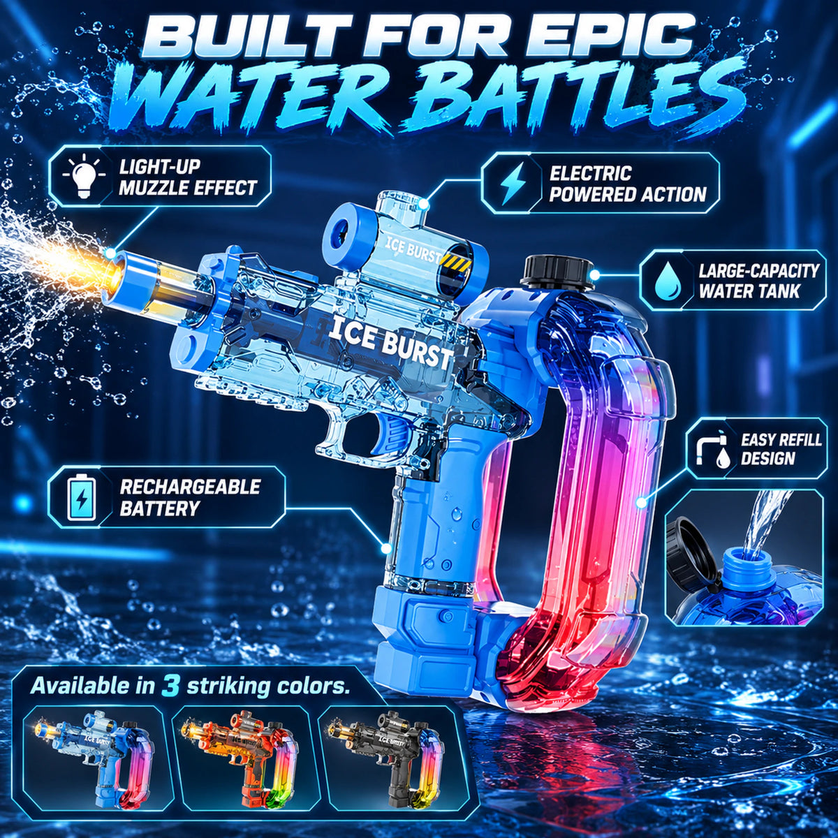 Ice Burst Electric Water Blaster with Light-Up Muzzle & Large-Capacity Tank