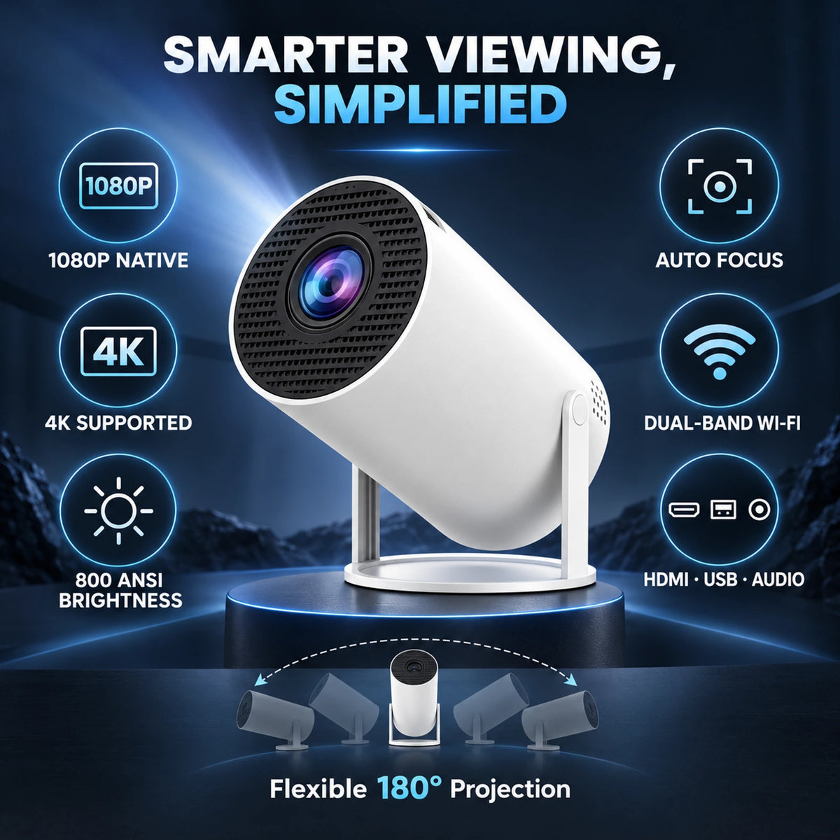 Smart Mini Projector with 1080P Native Resolution, Auto Focus & 180° Adjustable Stand