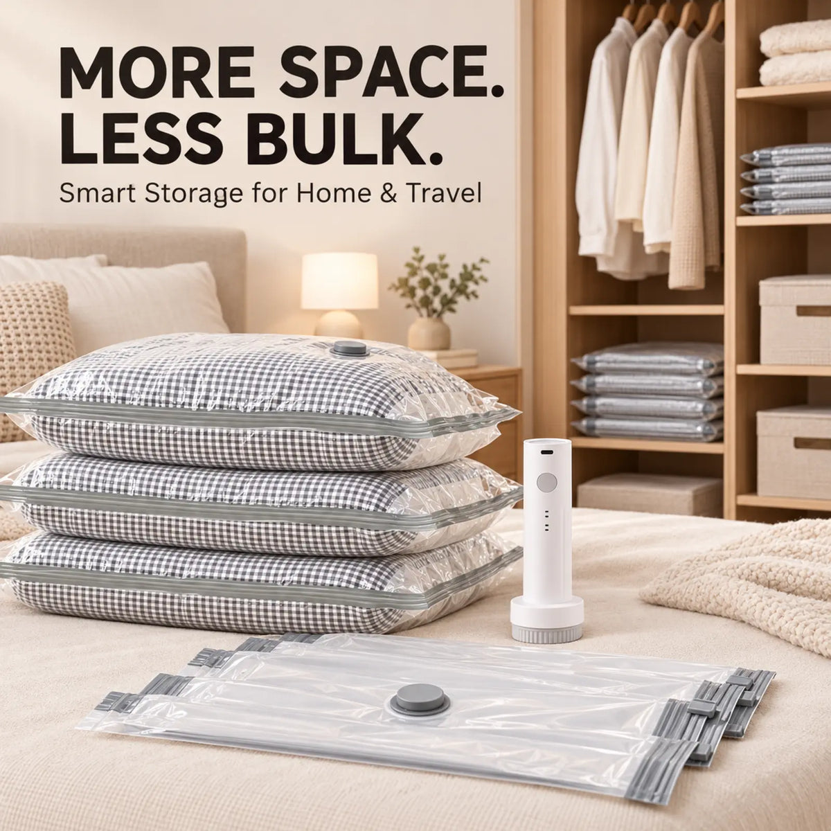 Reusable Travel Vacuum Storage Bags with Manual or Cordless Electric Pump