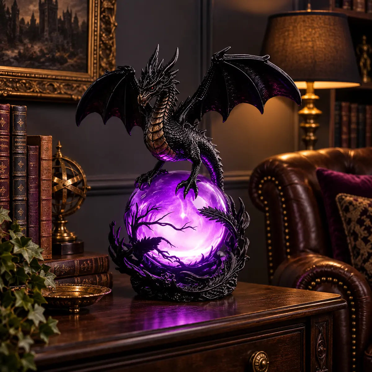 Gothic Dragon LED Crystal Ball Lamp – Mystical Resin Fantasy Décor