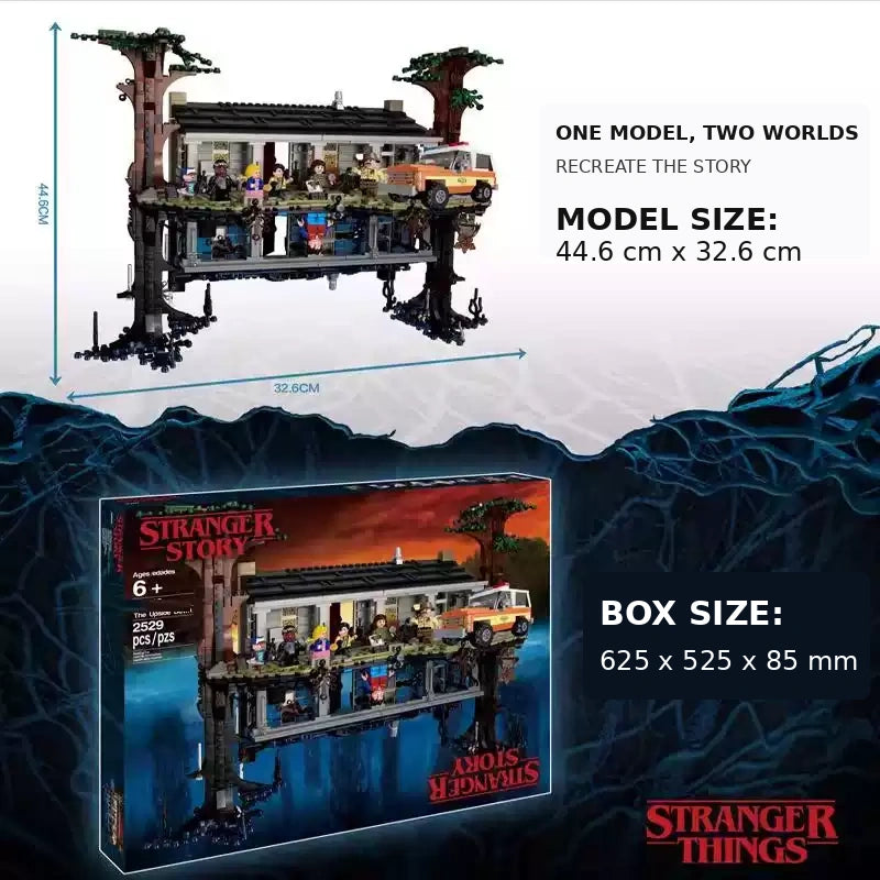 Stranger Things Inspired Upside Down House Building Blocks Set, 2529-Piece Display Model with Minifigures and Vehicle