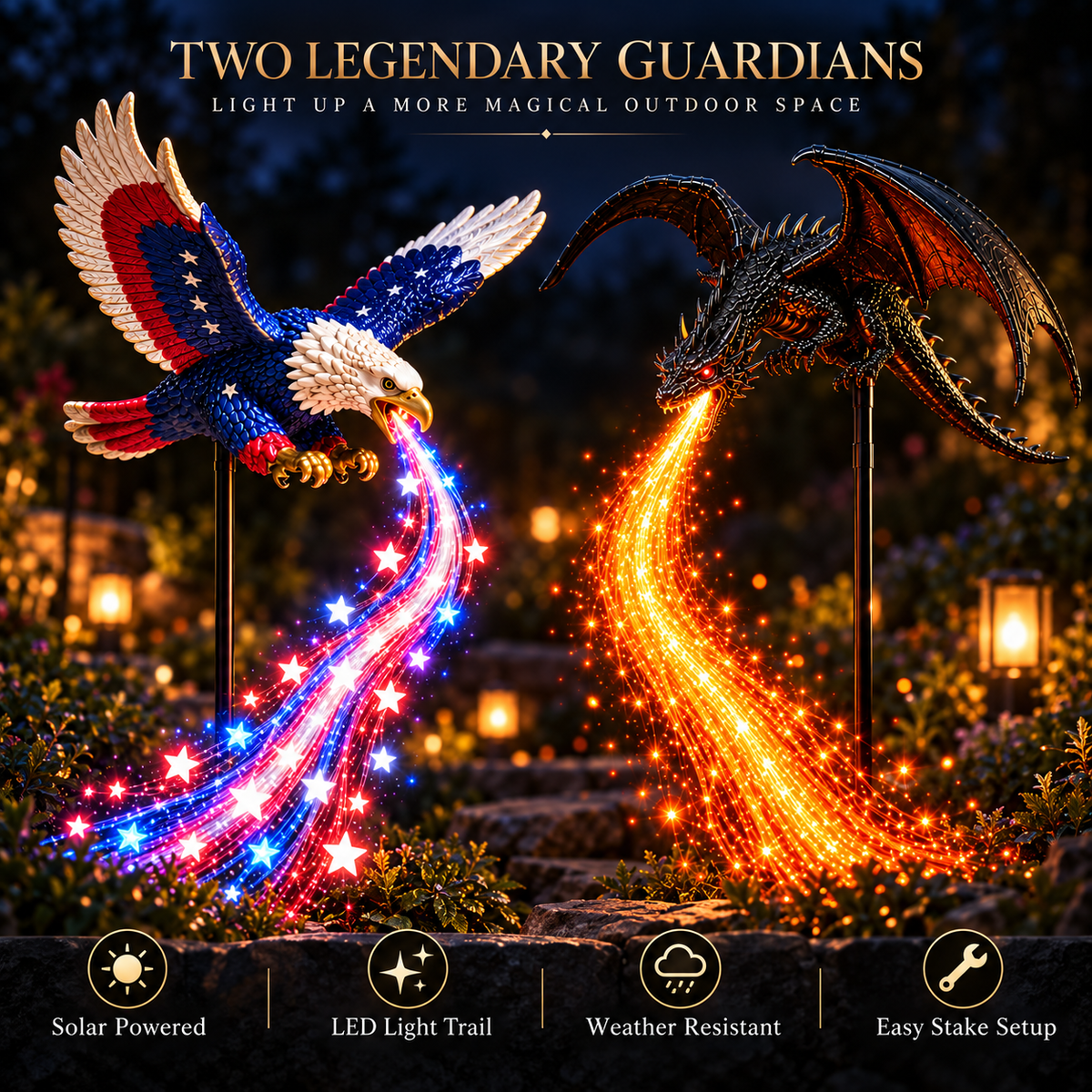 Fantasy Solar Garden Stake Light – American Eagle & Black Dragon