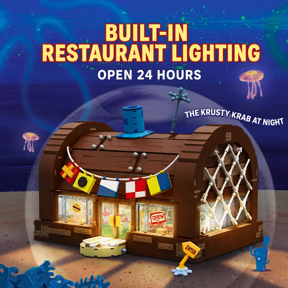 SpongeBob Krusty Krab Building Set with Lights, Pull-Out Structure and 6 Character Figures