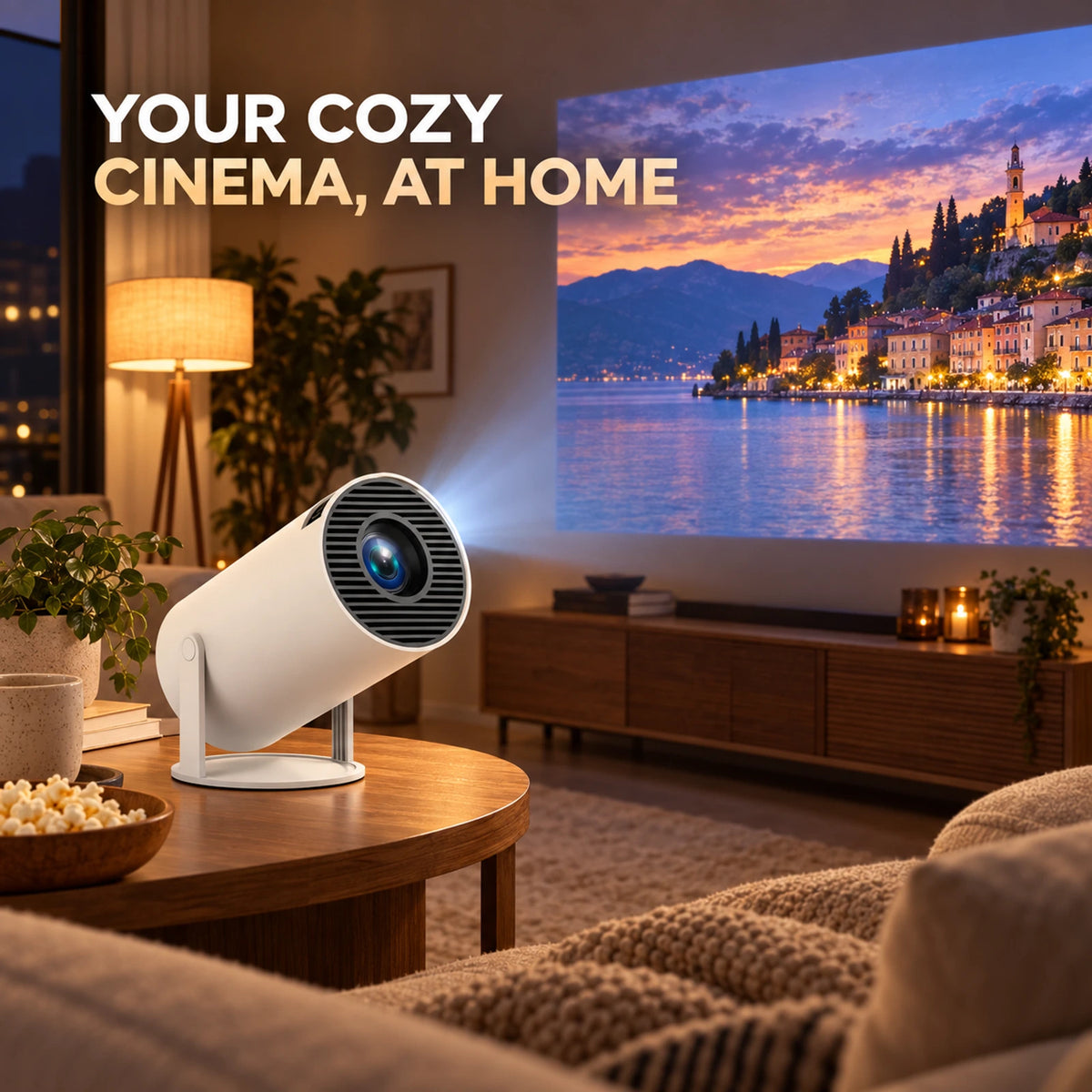 Smart Mini Projector with 1080P Native Resolution, Auto Focus & 180° Adjustable Stand