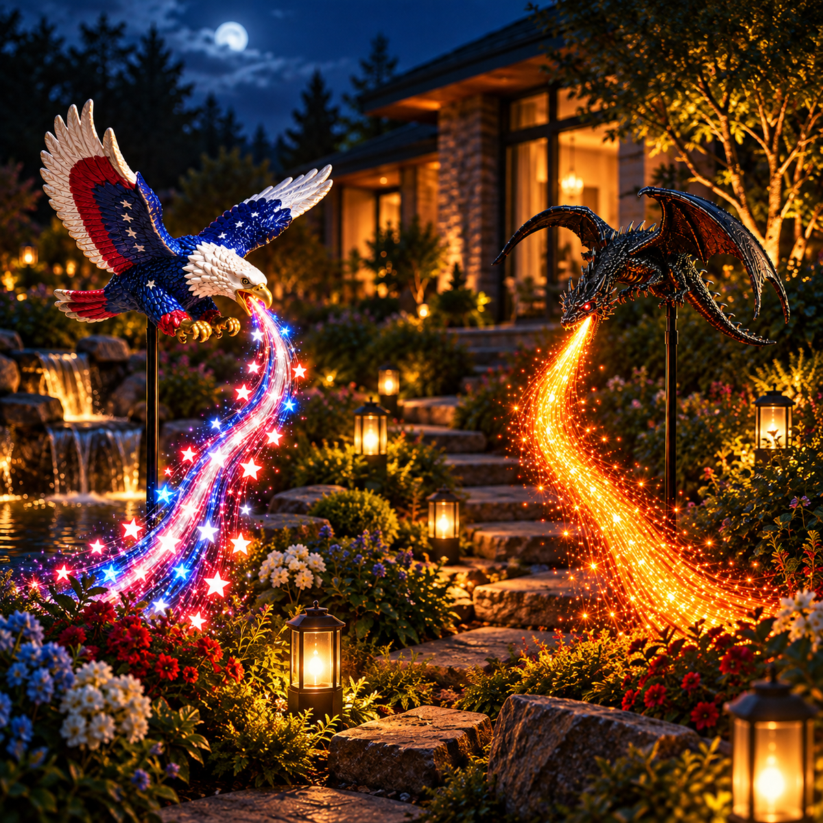 Fantasy Solar Garden Stake Light – American Eagle & Black Dragon
