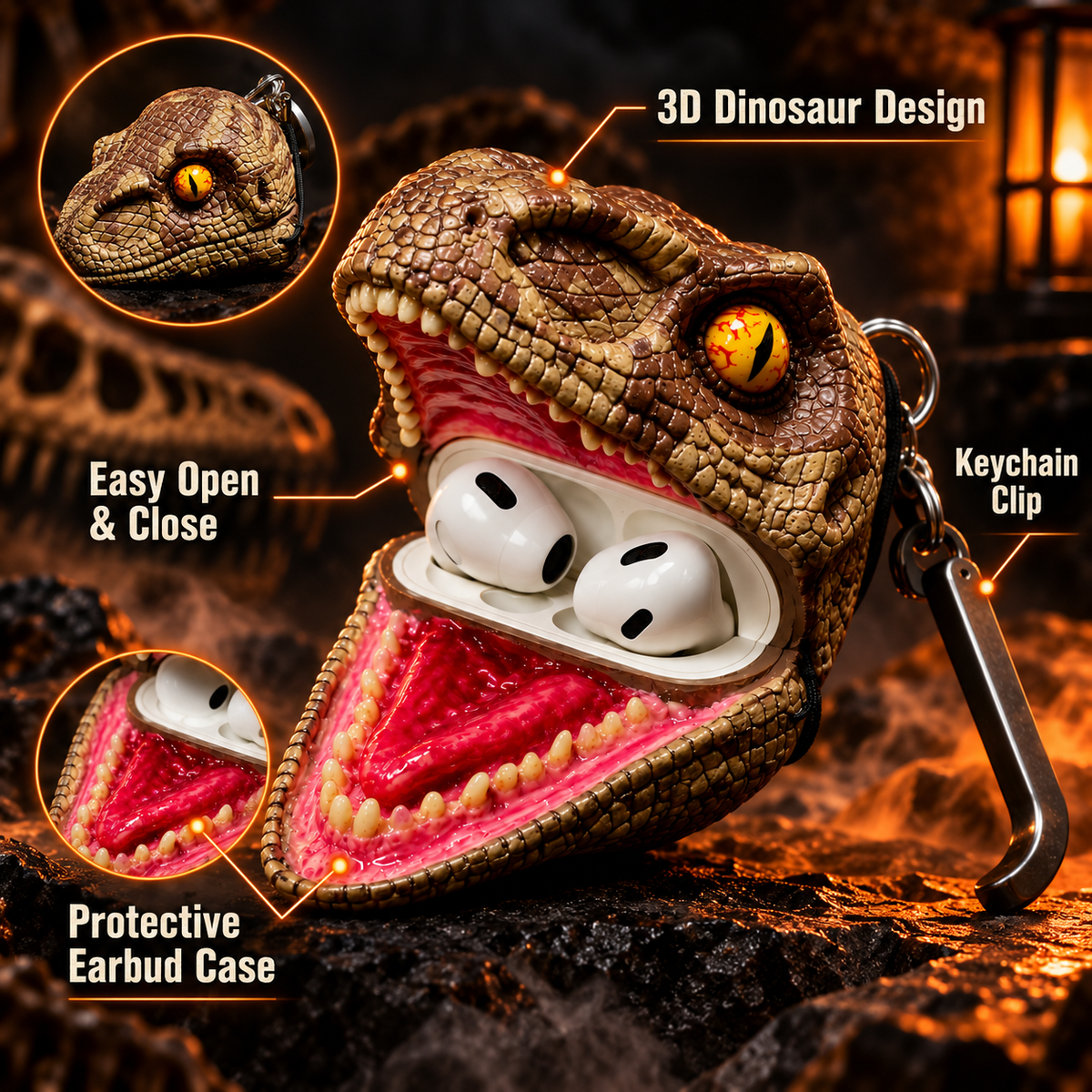 3D Dinosaur Head AirPods Case – Halloween Raptor Earbud Case with Keychain