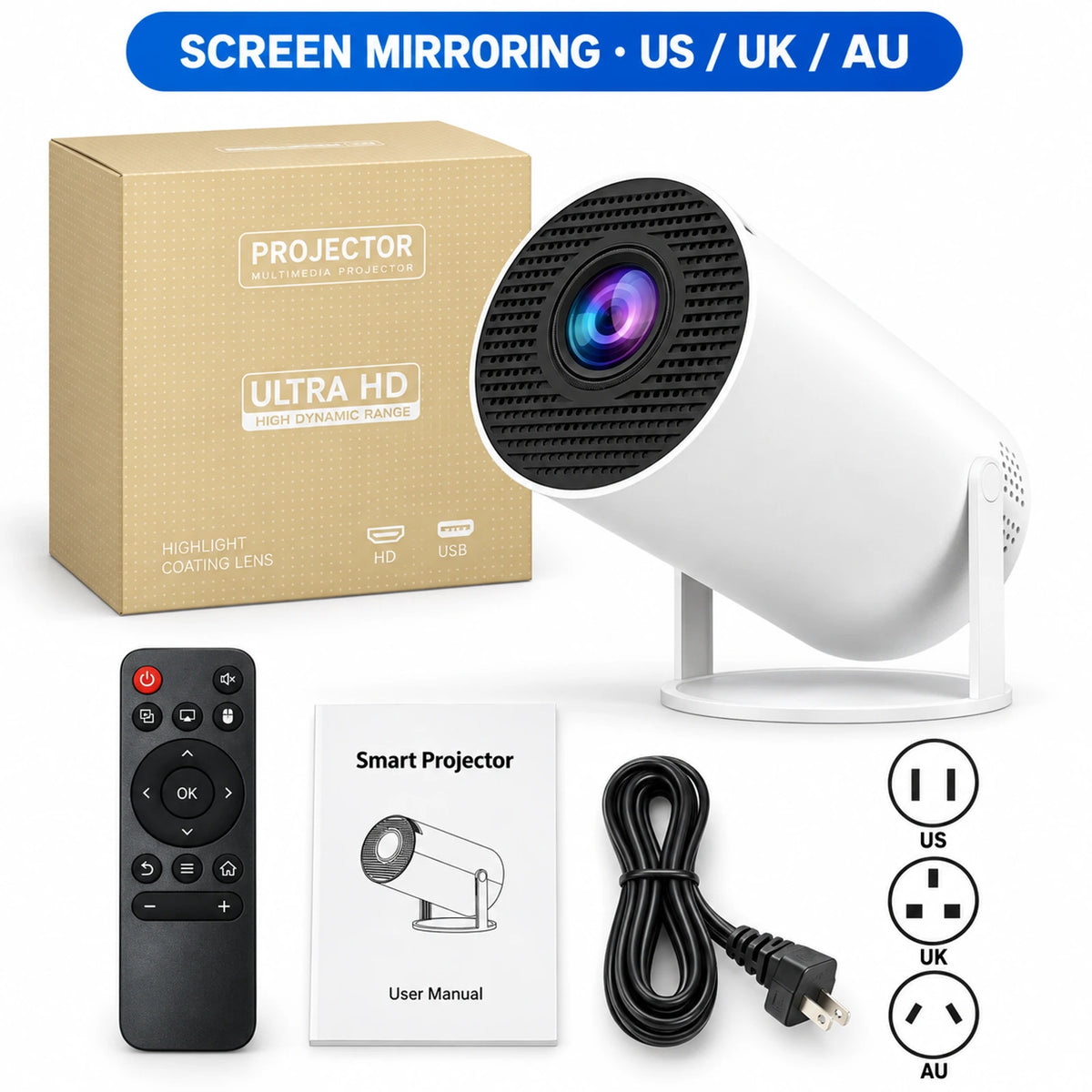 Smart Mini Projector with 1080P Native Resolution, Auto Focus & 180° Adjustable Stand
