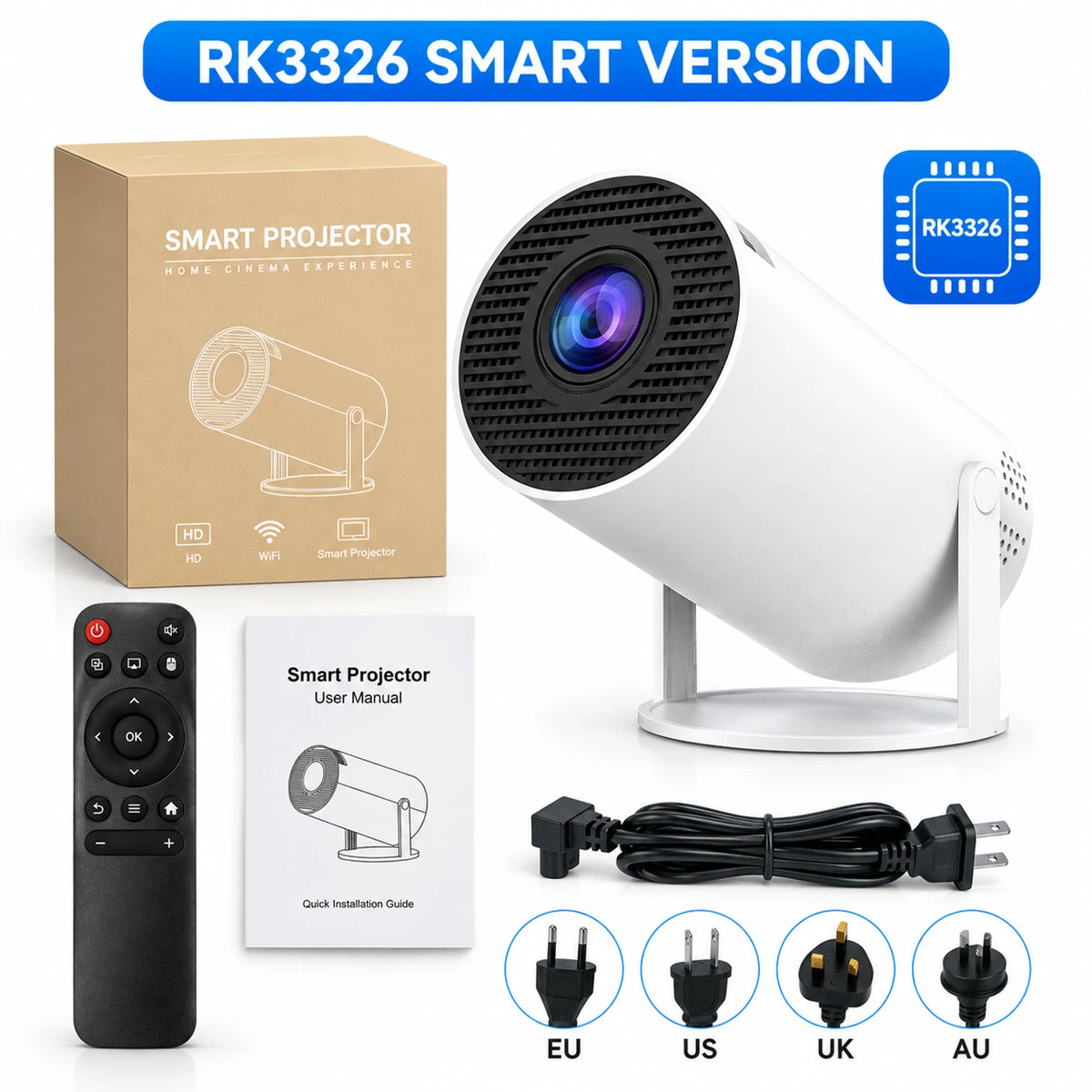 Smart Mini Projector with 1080P Native Resolution, Auto Focus & 180° Adjustable Stand