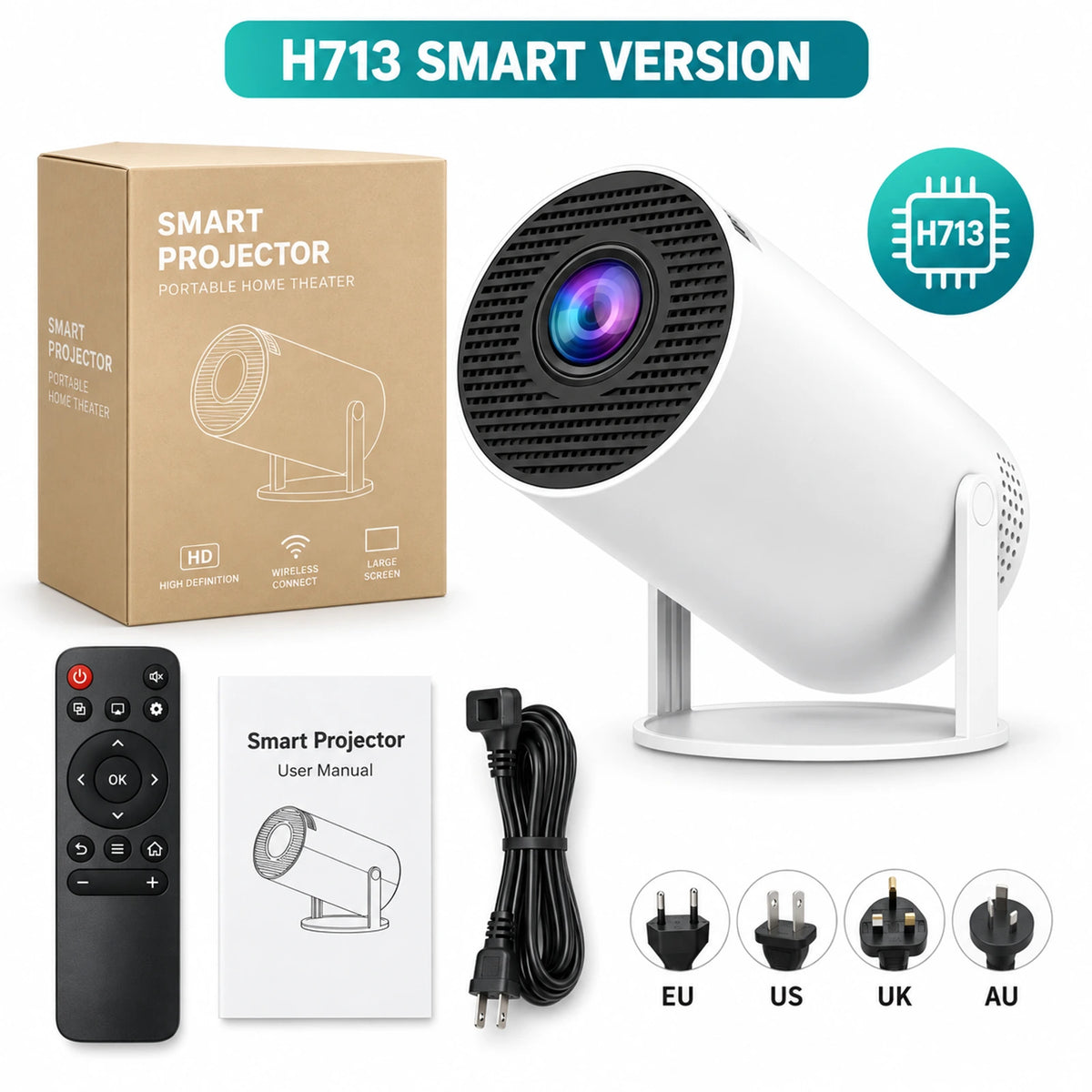 Smart Mini Projector with 1080P Native Resolution, Auto Focus & 180° Adjustable Stand