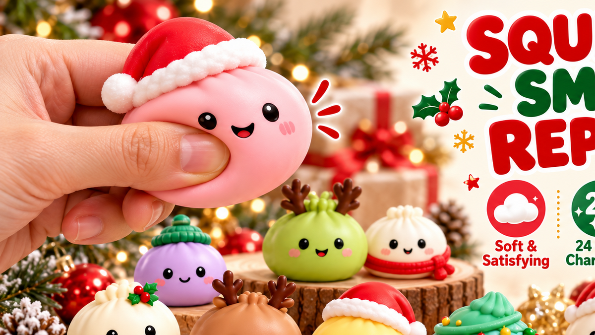Christmas Dumpling Squishy Toys featuring soft, squeezable holiday characters in Santa hats, reindeer and festive designs