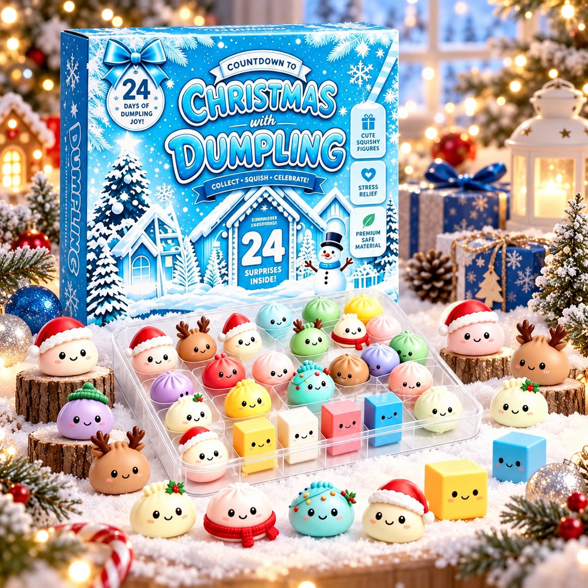 Blue Christmas Squishy Advent Calendar with colorful dumpling toys, a display tray and festive winter decorations