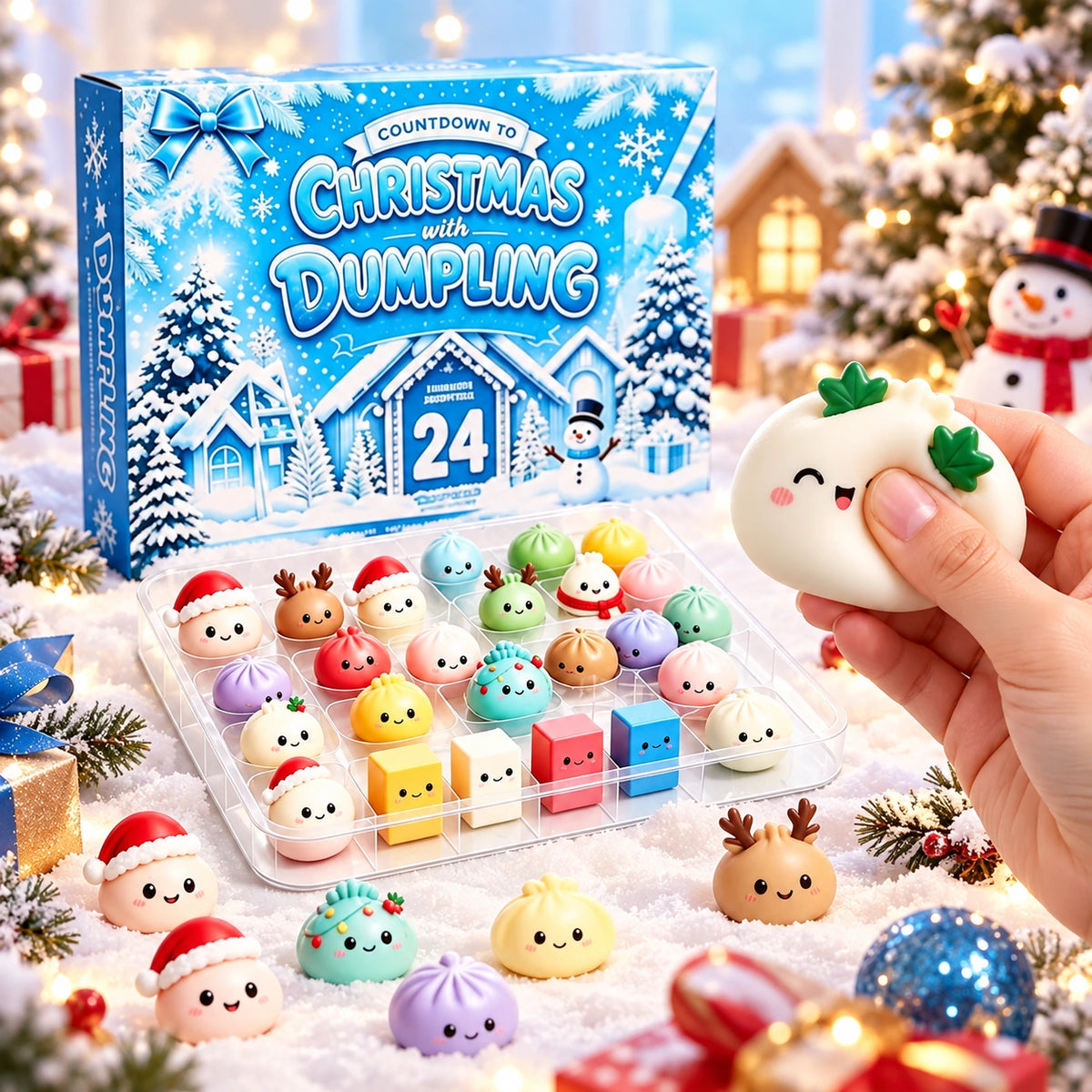 Christmas Dumpling Squishy Toys with a blue advent calendar box, colorful mini characters and a hand squeezing a soft dumpling