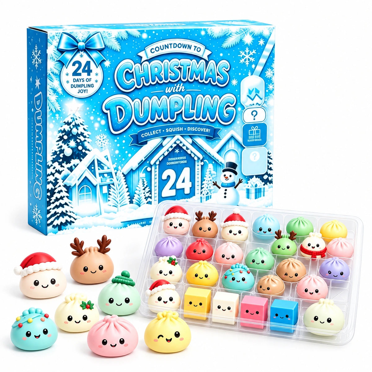 Blue Christmas Squishy Advent Calendar with a snowy winter village gift box, 24 colorful dumpling toys and display tray