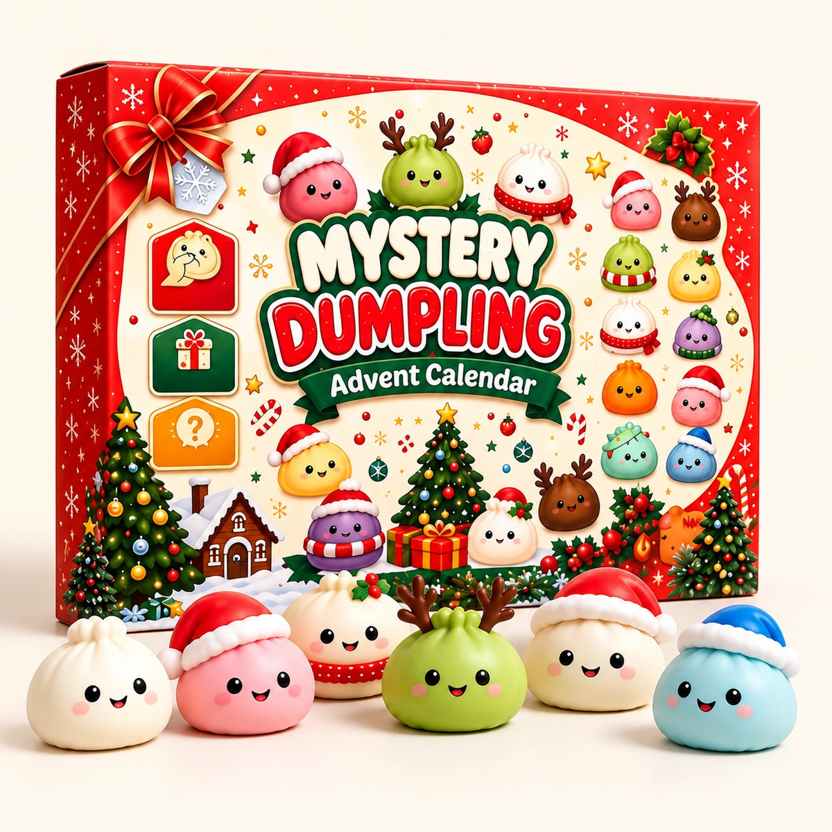 Red Mystery Dumpling Christmas Advent Calendar with festive holiday artwork and five cute squishy toy characters