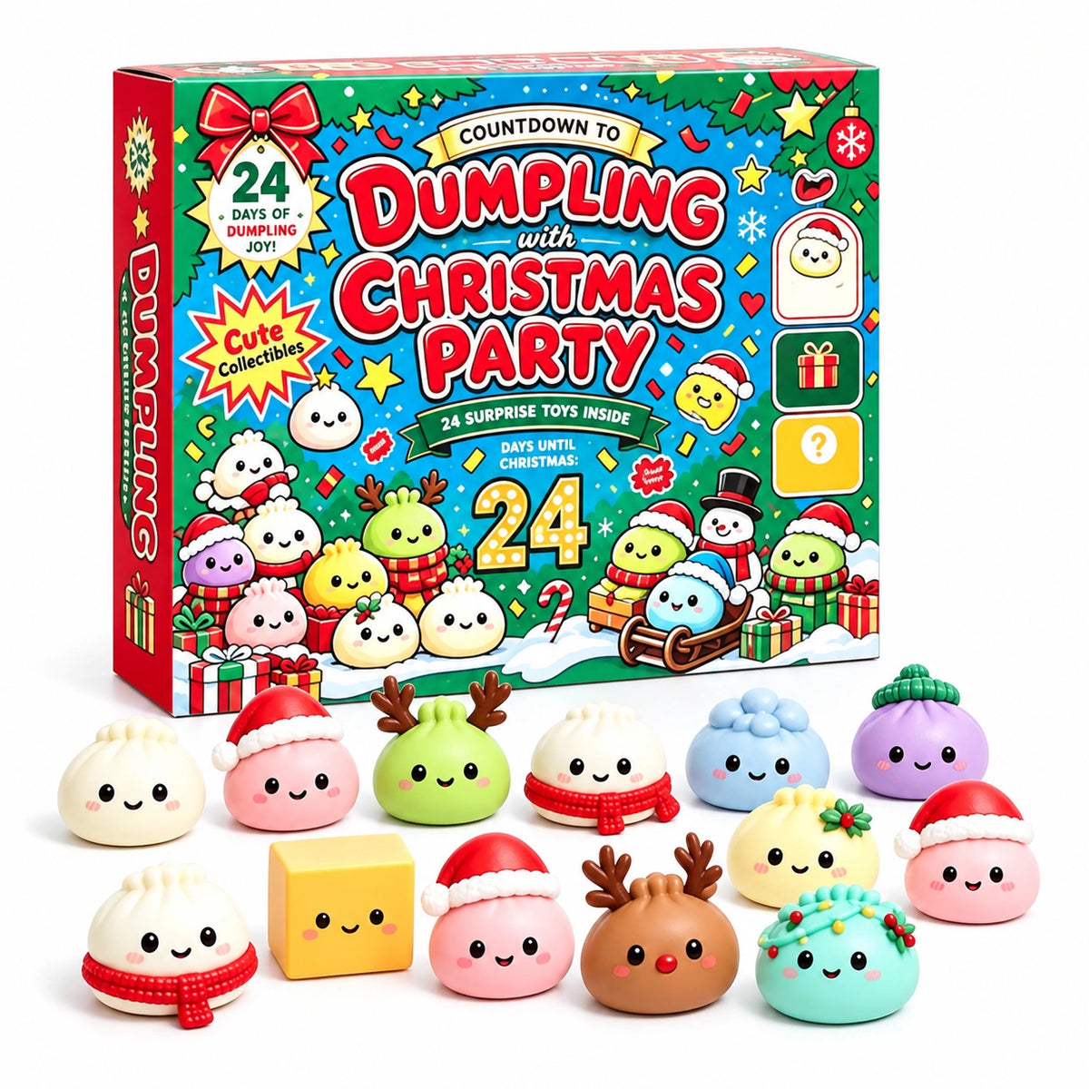 Green Christmas Dumpling Squishy Advent Calendar with colorful holiday gift box and mini Santa, reindeer and festive dumpling toys