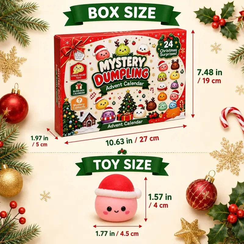 Christmas Dumpling Squishy Advent Calendar size chart showing a 10.63 x 7.48 x 1.97 inch box and a mini Santa dumpling toy