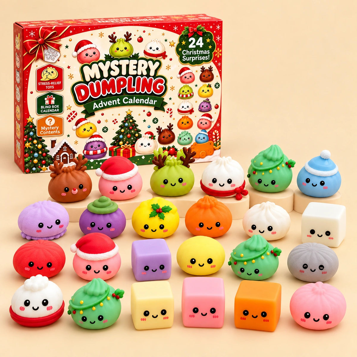 Red Mystery Dumpling Advent Calendar with 24 colorful Christmas squishy toys featuring Santa, reindeer and festive characters