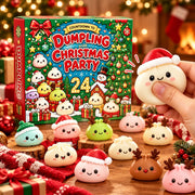 Christmas Dumpling Squishy Advent Calendar with a green holiday gift box and a hand squeezing a cute Santa dumpling toy