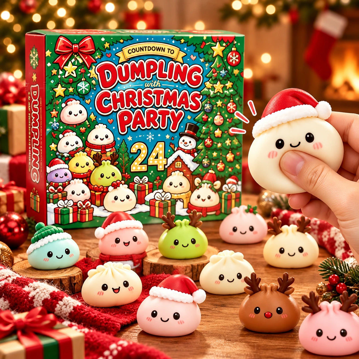 Christmas Dumpling Squishy Advent Calendar with a green holiday gift box and a hand squeezing a cute Santa dumpling toy