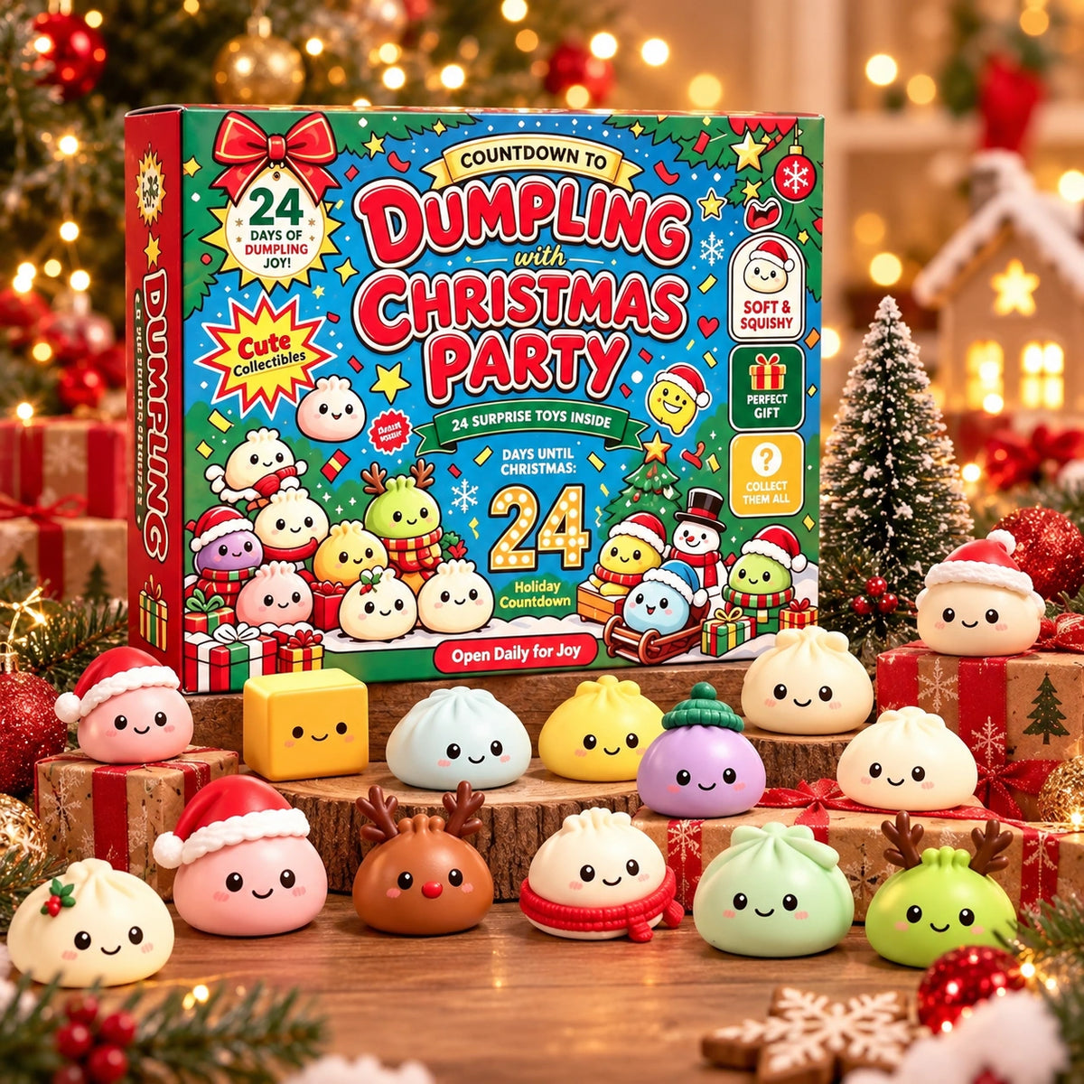 24-Day Christmas Dumpling Squishy Advent Calendar with a green festive box and cute holiday toys displayed beside Christmas gifts