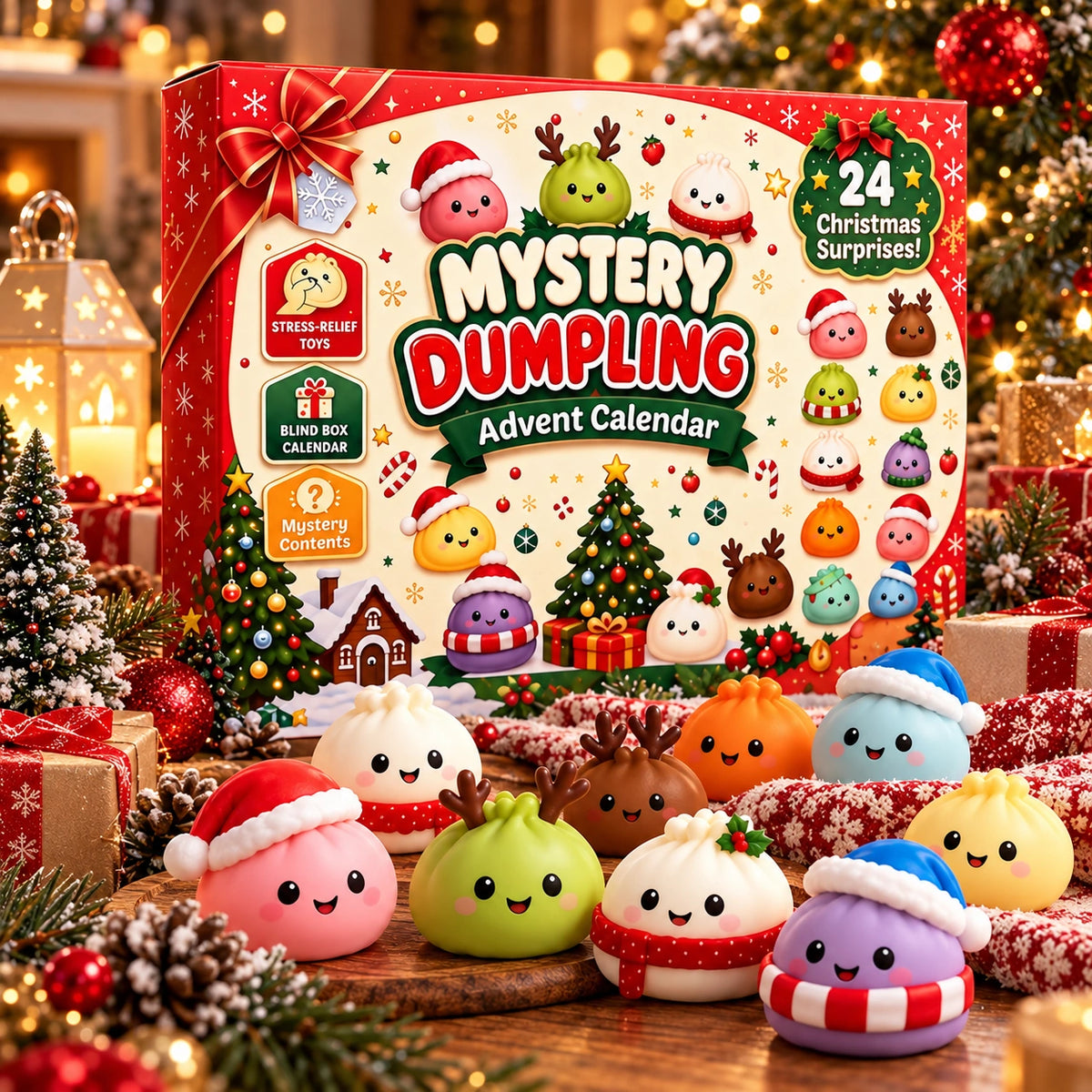 Red Christmas Squishy Advent Calendar gift box with cute dumpling toys in Santa hats, reindeer antlers and winter scarves