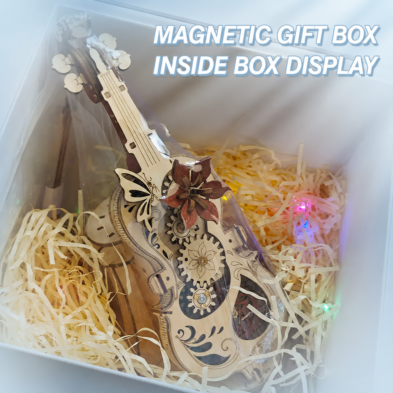 Vintage Bluetooth Violin Music Box with LED Lights and Moving Gears