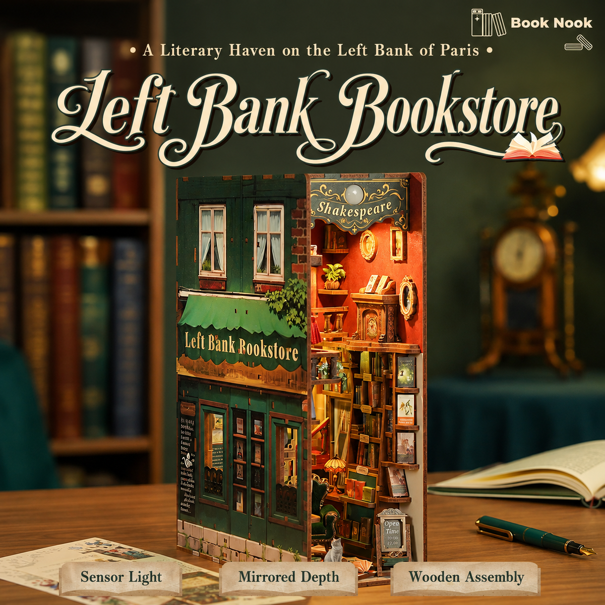 Left Bank Bookstore DIY Book Nook Kit with Sensor LED Light