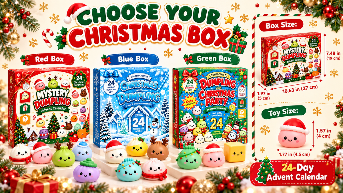 Christmas Squishy Advent Calendar in red, blue and green gift box designs with box dimensions and mini dumpling toy size chart