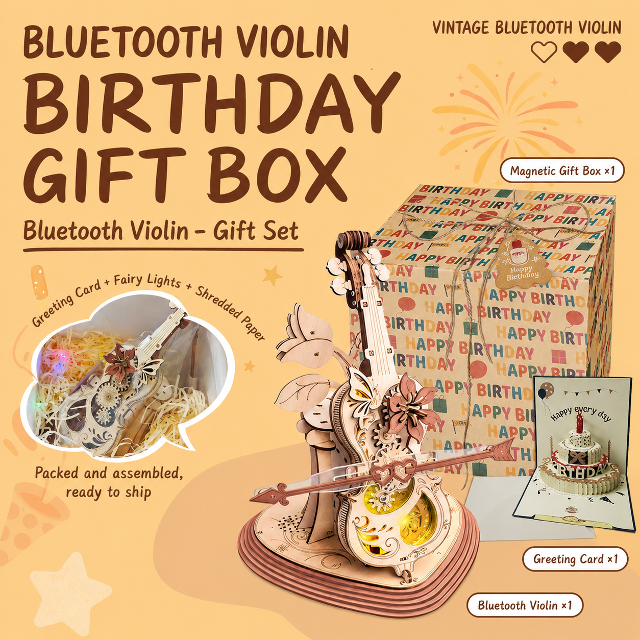Vintage Bluetooth Violin Music Box with LED Lights and Moving Gears