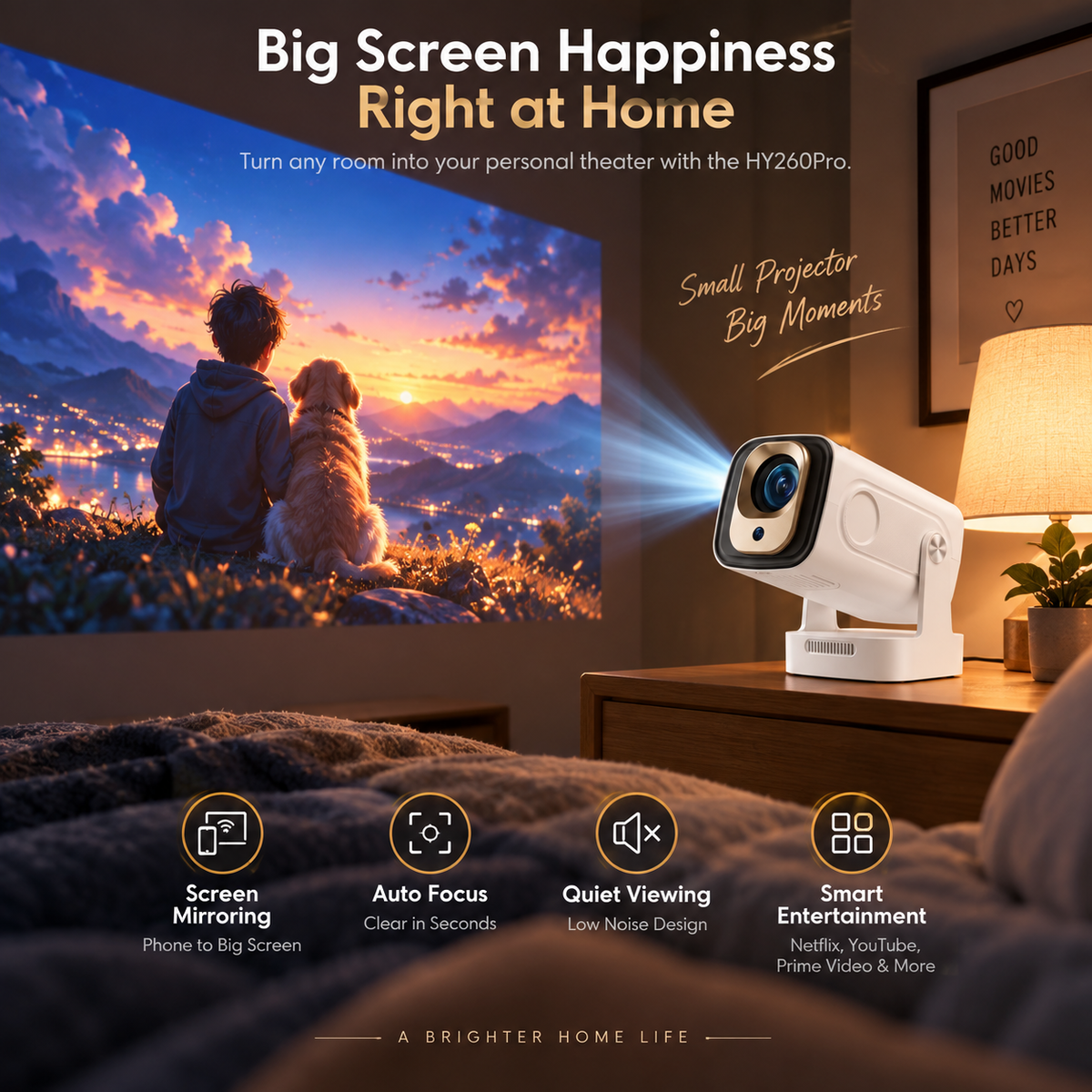 HY260 Pro Smart Projector – Native 1080P, 4K Support, Auto Focus & WiFi 6