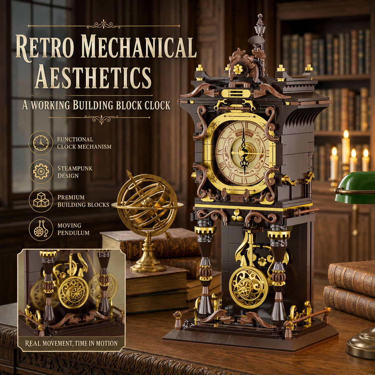 Vintage Mechanical Pendulum Clock Building Block Set – Functional Battery-Powered Clock Model