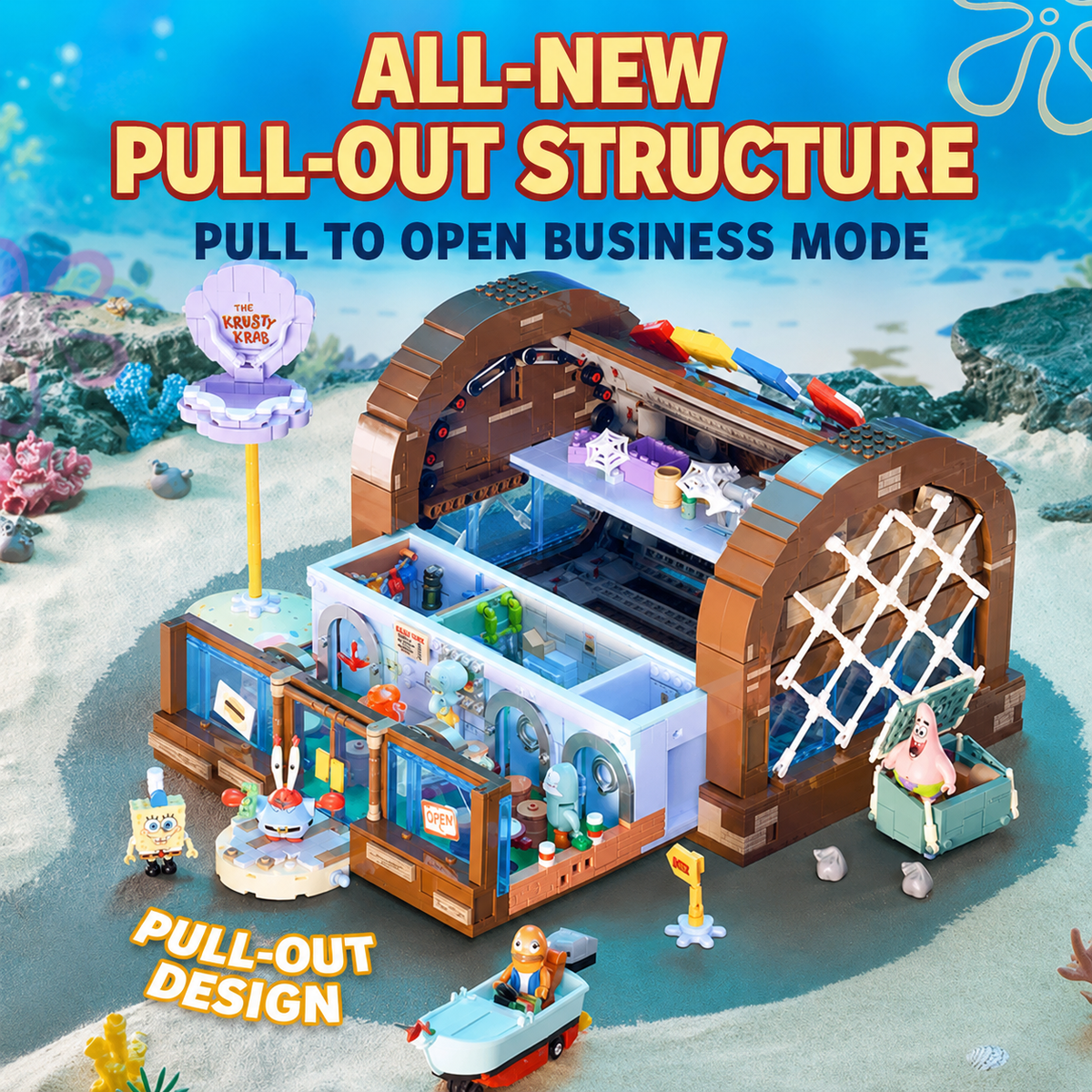 SpongeBob Krusty Krab Building Set with Lights, Pull-Out Structure and 6 Character Figures