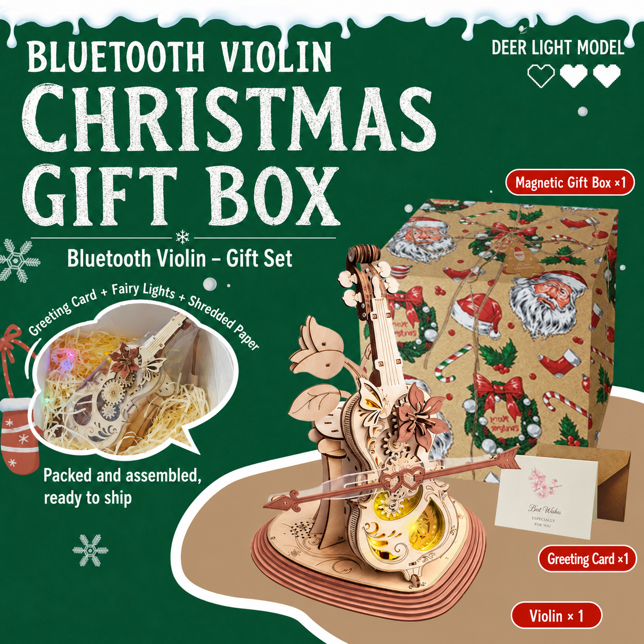 Vintage Bluetooth Violin Music Box with LED Lights and Moving Gears