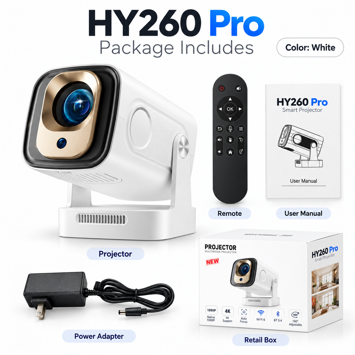 HY260 Pro Projecteur intelligent – Natif 1080P, prise en charge 4K, mise au point automatique et Wi-Fi 6