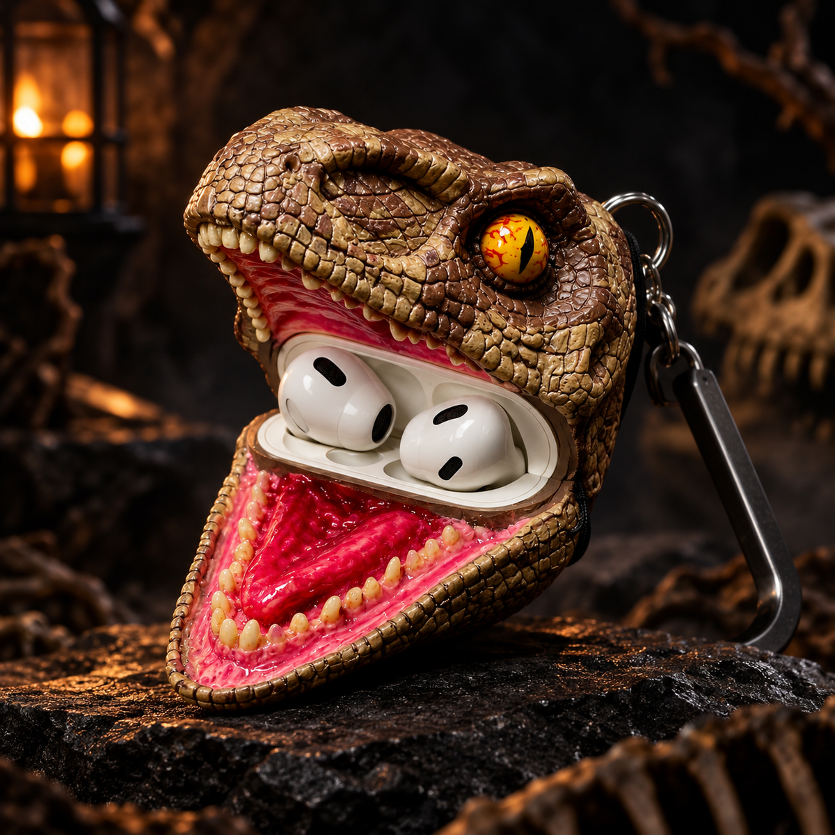 3D Dinosaur Head AirPods Case – Halloween Raptor Earbud Case with Keychain