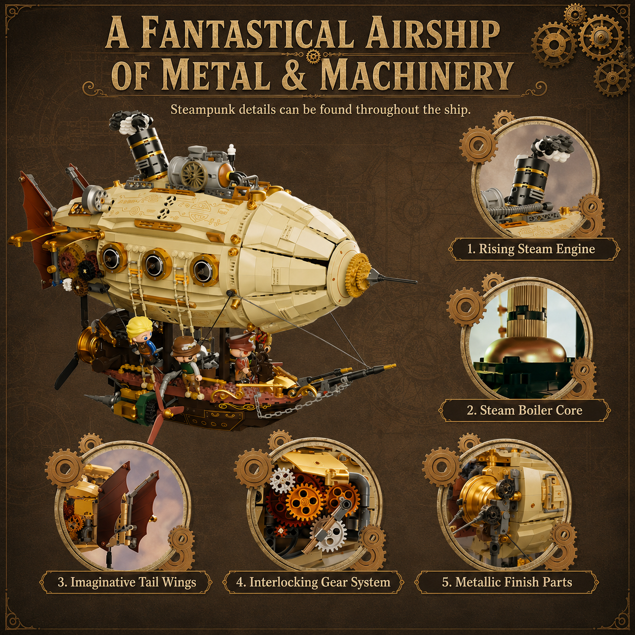 Steampunk Airship Building Block Set – Mechanical Fantasy Aircraft Model with 5 Adventure Characters