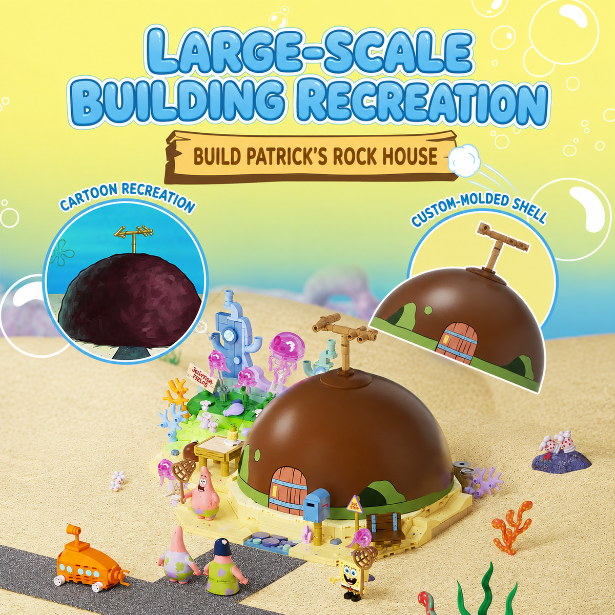 Coffret de construction La maison-rocher de Patrick avec socle d'exposition sous-marin et figurines