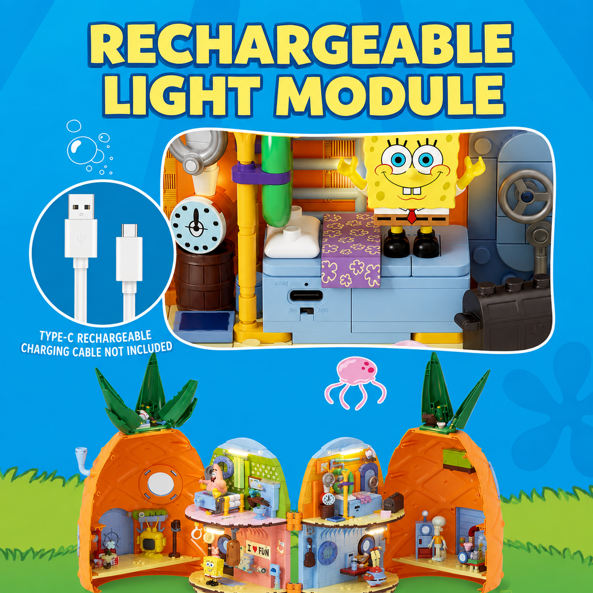 Ensemble de construction La maison ananas de Bob l'éponge avec lumières, design coulissant et figurines