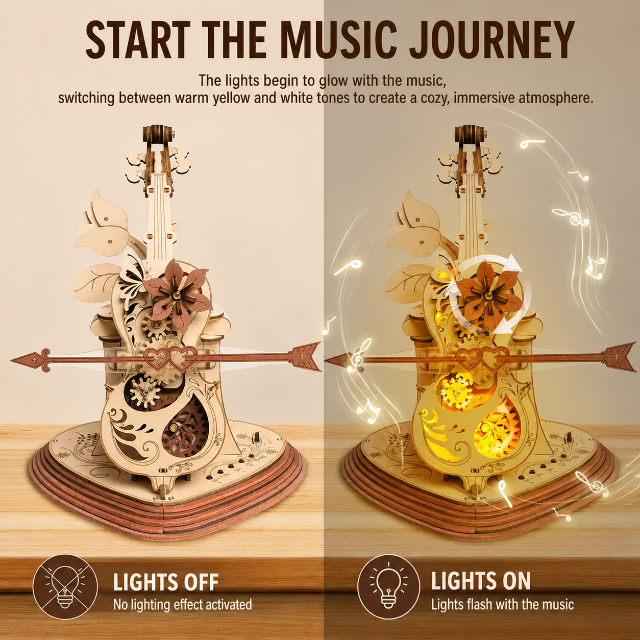 Vintage Bluetooth Violin Music Box with LED Lights and Moving Gears