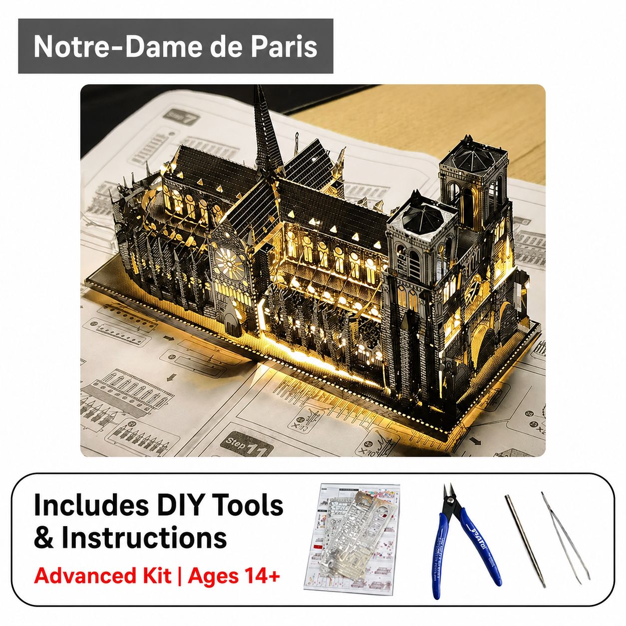 Notre-Dame de Paris DIY 3D Metal Model Kit with LED Lights